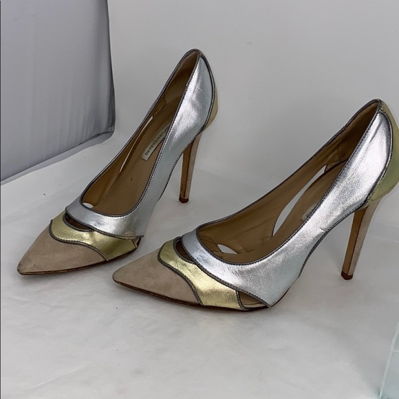 DVF Sz 8 Diane von Furstenberg Gold Silver Leather Pumps - Picture 2 of 10